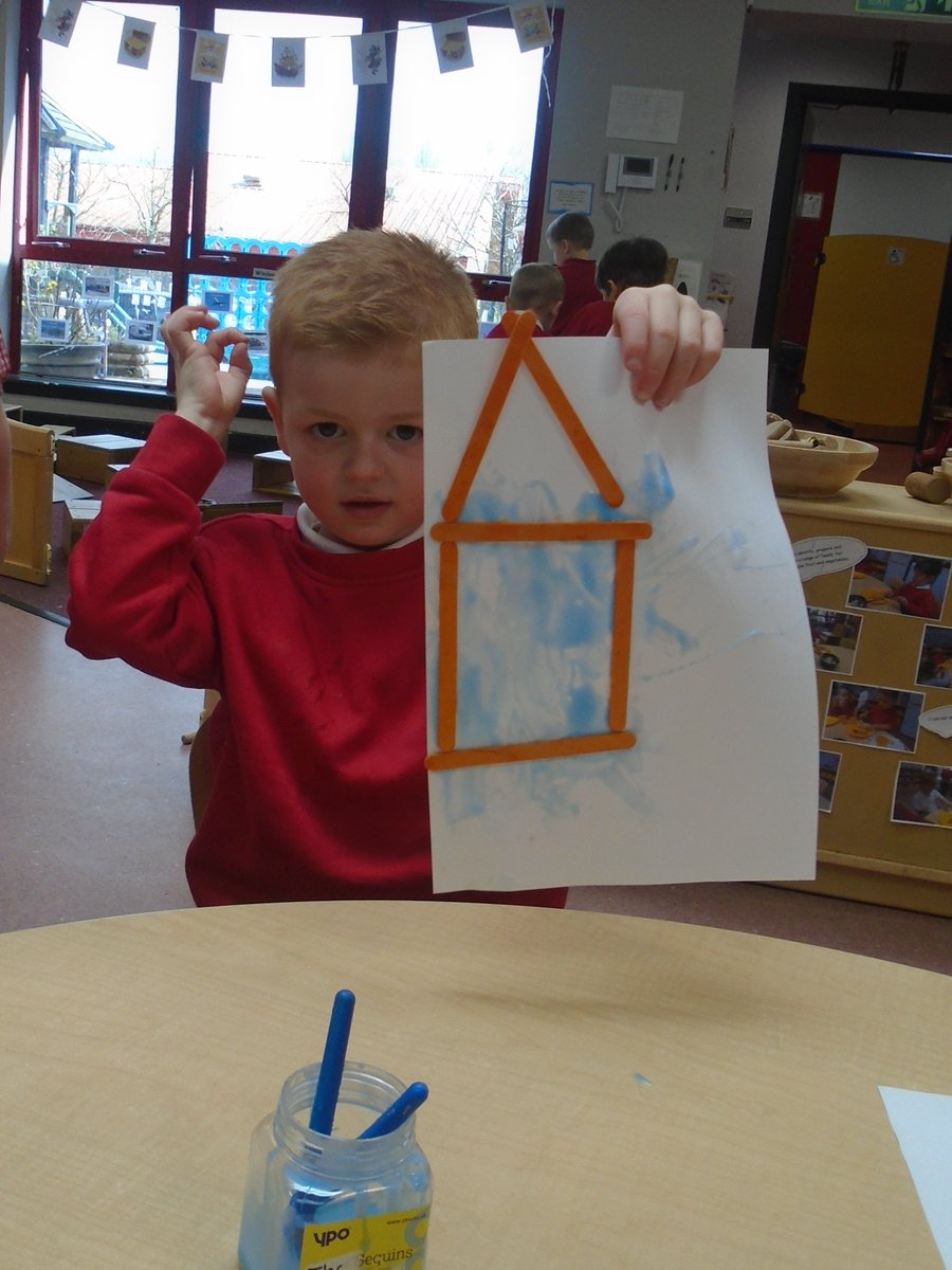 Nursery - We used the lollipop sticks to create our own shapes and images, such as a house, an aeroplane and a rainbow.