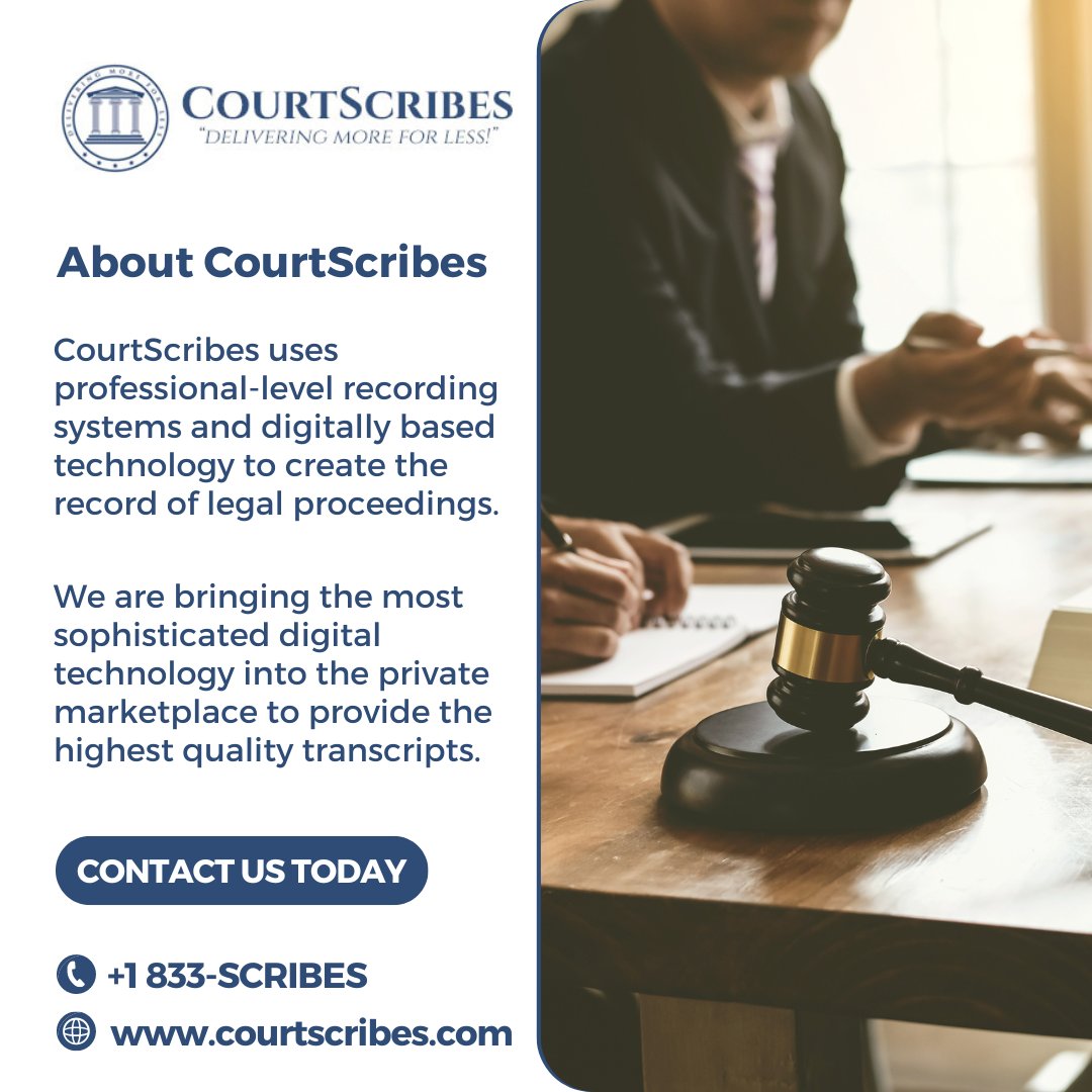 Trust CourtScribes for unparalleled professionalism and sophistication in court reporting. Contact us today !

📞 Phone: +1 (833) 727-4237
🌐 Website: courtscribes.com

#CourtScribes #RecordingSystems #DigitalTechnology #Professionalism #Sophistication