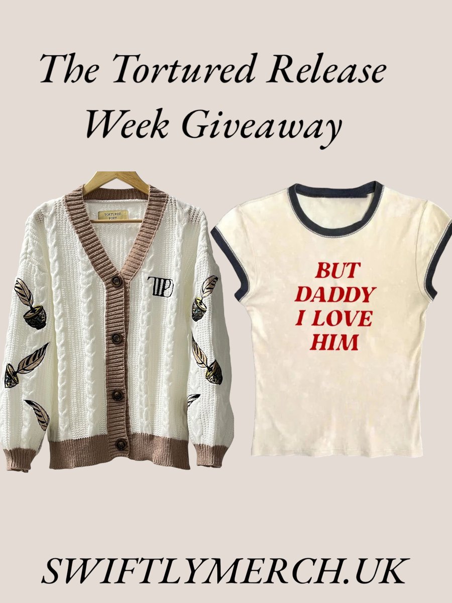 TCD_INT's tweet photo. INTERNATIONAL GIVEAWAY! 

2 WINNERS
1x Tortured Poets Cardigan 
1x BUT DADDY I LOVE HIM SHIRT

HOW TO ENTER:
Follow 
Like &amp; retweet
Tag 3 friends 

ADDITIONAL ENTRY: 
Subscribe to website newsletter

OR Order your cardigan now @ https://t.co/DqruHWSOk9 use code TTPD for 10% off! https://t.co/zKEYcIqxOO