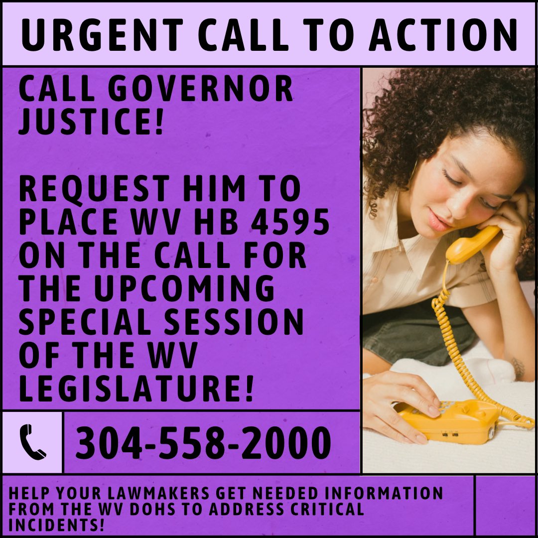 <a href="/AmyMSummers/">Amy M Summers</a> <a href="/kaylayoungforwv/">Kayla Young</a> If you support vulnerable populations such as children, the elderly, &amp; those who are mentally incapacitated, please call the Governor’s Office at (304) 558-2000. Request  Governor Justice to add WV HB 4595 to the call for the upcoming special session.

📢📢PLEASE SHARE!! 📢📢