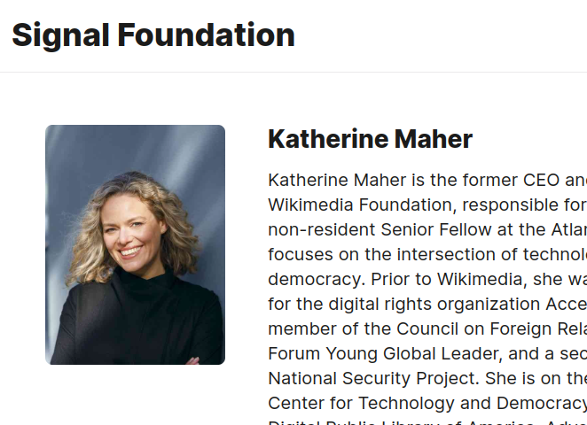 It's not my favorite, but I can handle a woke, censorious woman controlling NPR. Someone like Katherine Maher being on the board of the Signal Foundation is far more concerning.