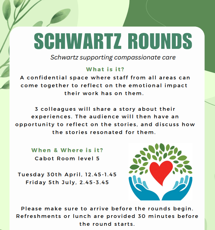 Save the dates 30th April and 5th July and join us to hear amazing stories at our Schwartz Round. Cabot meeting Room Gate 14 Level 5 #NBTCares @NBT_Staffpsych @NorthBristolNHS @NmskNbt @MedicineNbt @NBTMedirooms