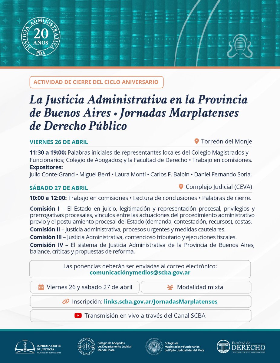En medio de todo, se hace gran evento para terminar la serie de charlas que comenzamos el año pasado para celebrar los 20 años de la creación del Fuero Contencioso Administrativo de la Pcia. Buenos Aires. Viernes 26 y sábado 27 de abril, en M del Plata por youtube.com/channel/UCZCqf…