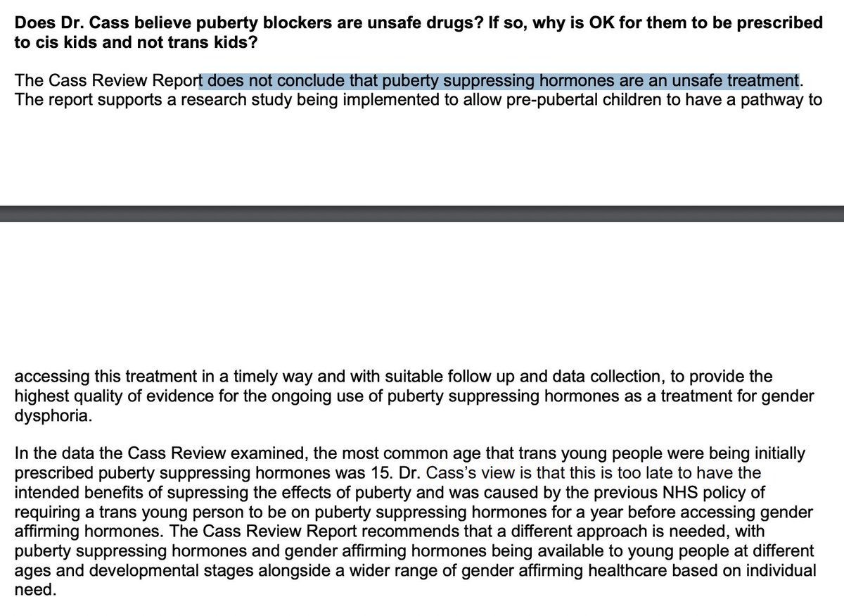 From an interview with the Cass Report team, this about puberty blockers I entirely agree with. Puberty blockers are not unsafe, and they should be prescribed to trans kids who they can help - as in not the 15yr+ trans kids the Tavistock gave them to. Pointless after puberty.