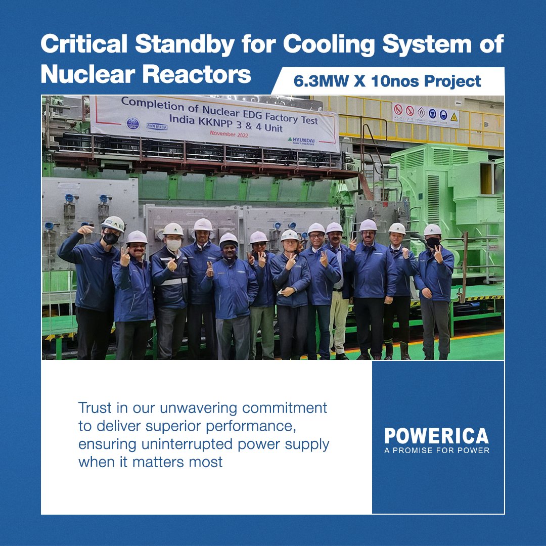 Our team at #Powerica is proud to have delivered critical power for the cooling system at Kundakulam Nuclear Power Plant, ensuring reliability and excellence with 6.3MWx10 power supply units using Medium Speed Large Generators.
#MSLG  #PowericaLimited #NuclearPower