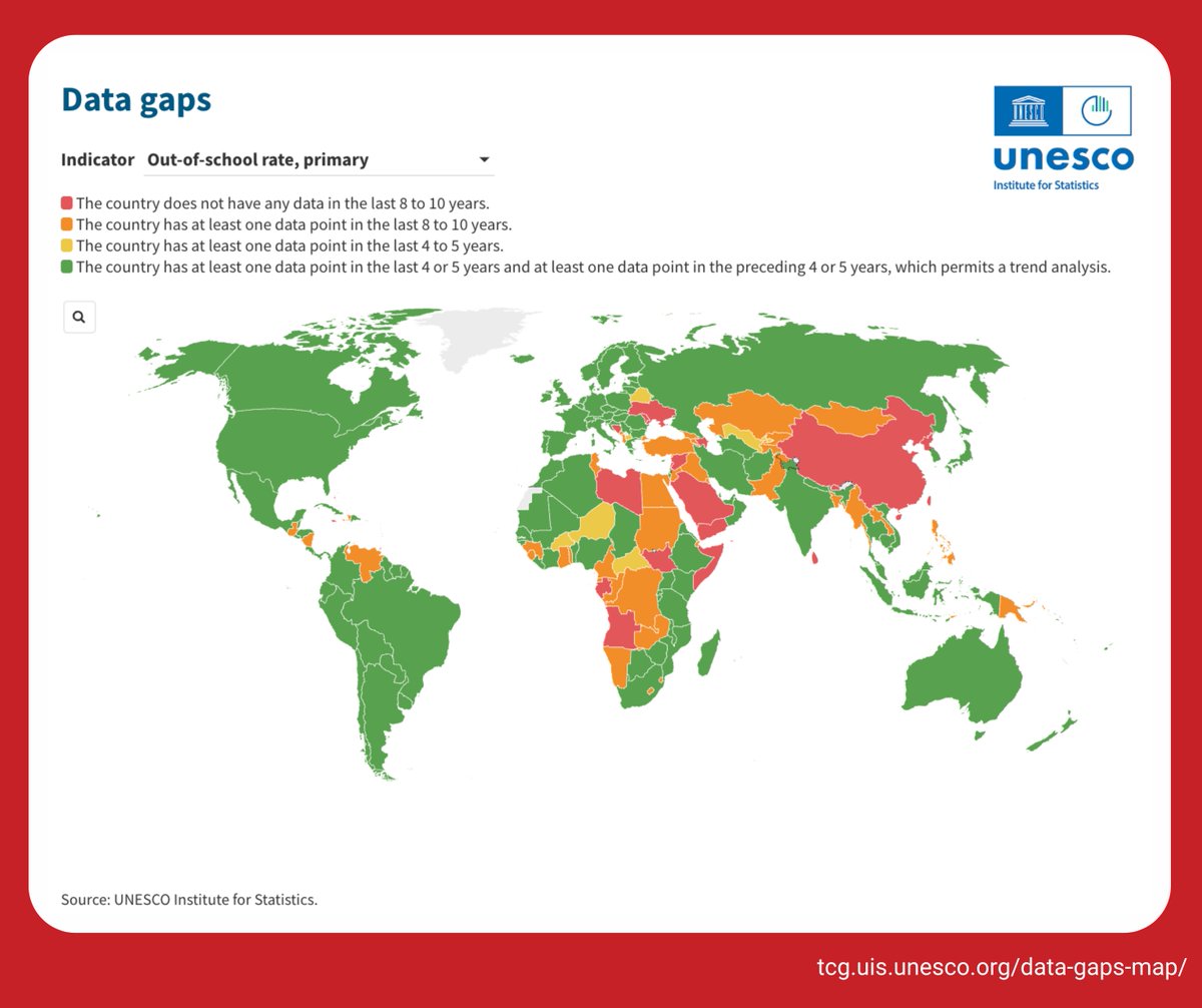 📚 Did you know #UIS_UNESCO @UNESCOstat's Data Gaps Map visualizes the availability and the lack of data across #SDG4 #education indicators globally. This tool aims to fill the existing #datagaps for informed policymaking! 🌍 See the map ➡️ bit.ly/datagapsmap