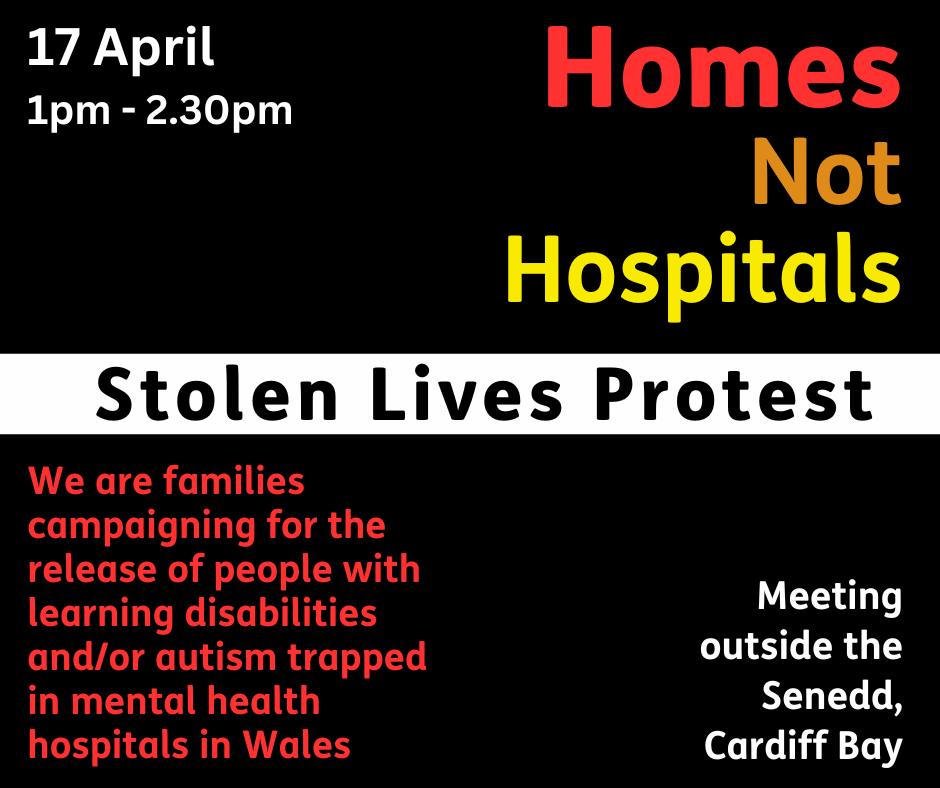 Yesterday afternoon, a protest named #HomesNotHospitals was held by #StolenLives on the steps of @SeneddWales in Cardiff Bay. 

#StolenLives are campaigning for the release of people with Learning Disabilities and/or Autism trapped in Mental Health Hospitals and Units.