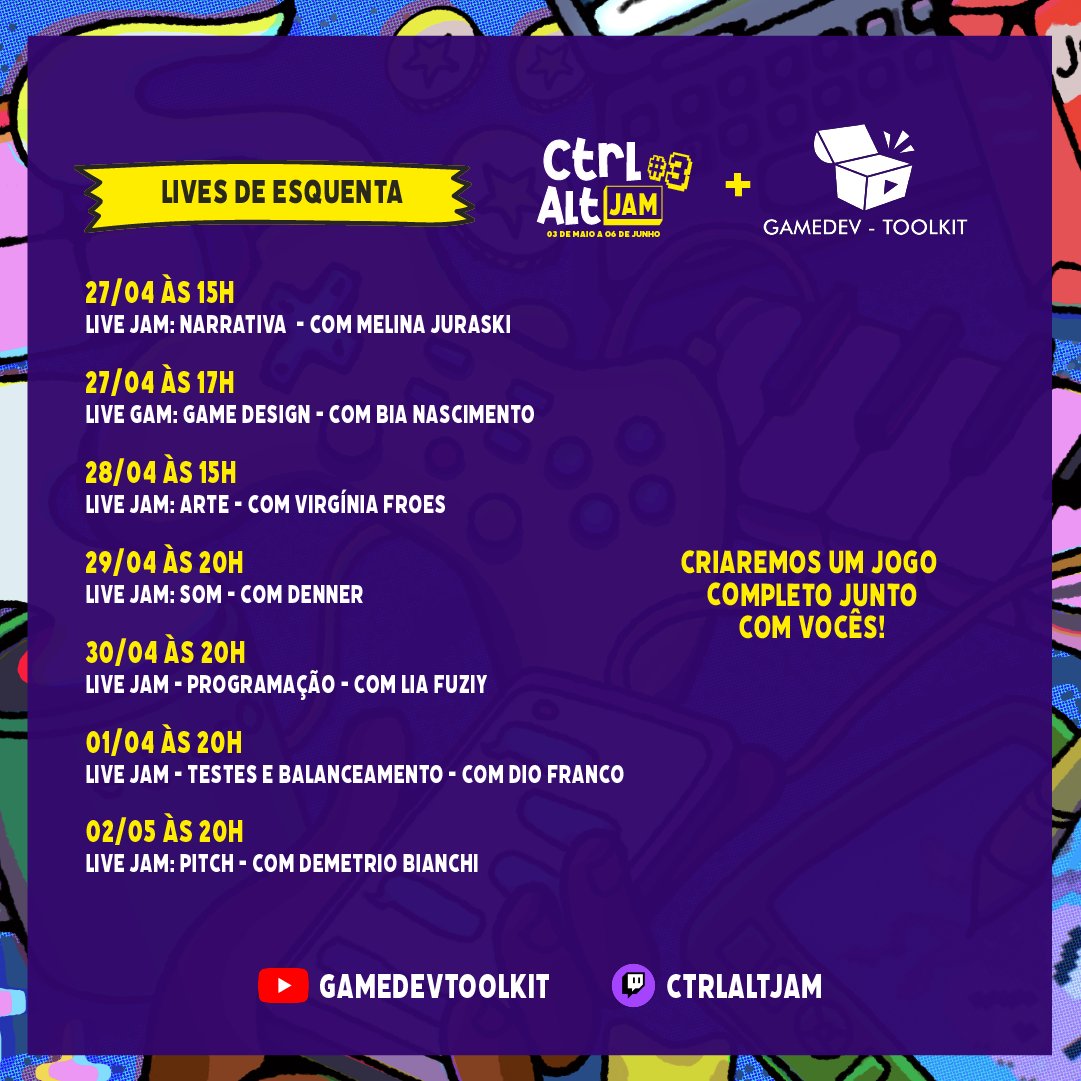 ctrlaltjam's tweet photo. Programação das lives de esquenta!
Bora?
Inscreva-se aqui: https://t.co/5ejEBsotue
#ctrlaltjam #indiegames #gamedeveloper https://t.co/DvGJjgbcZA