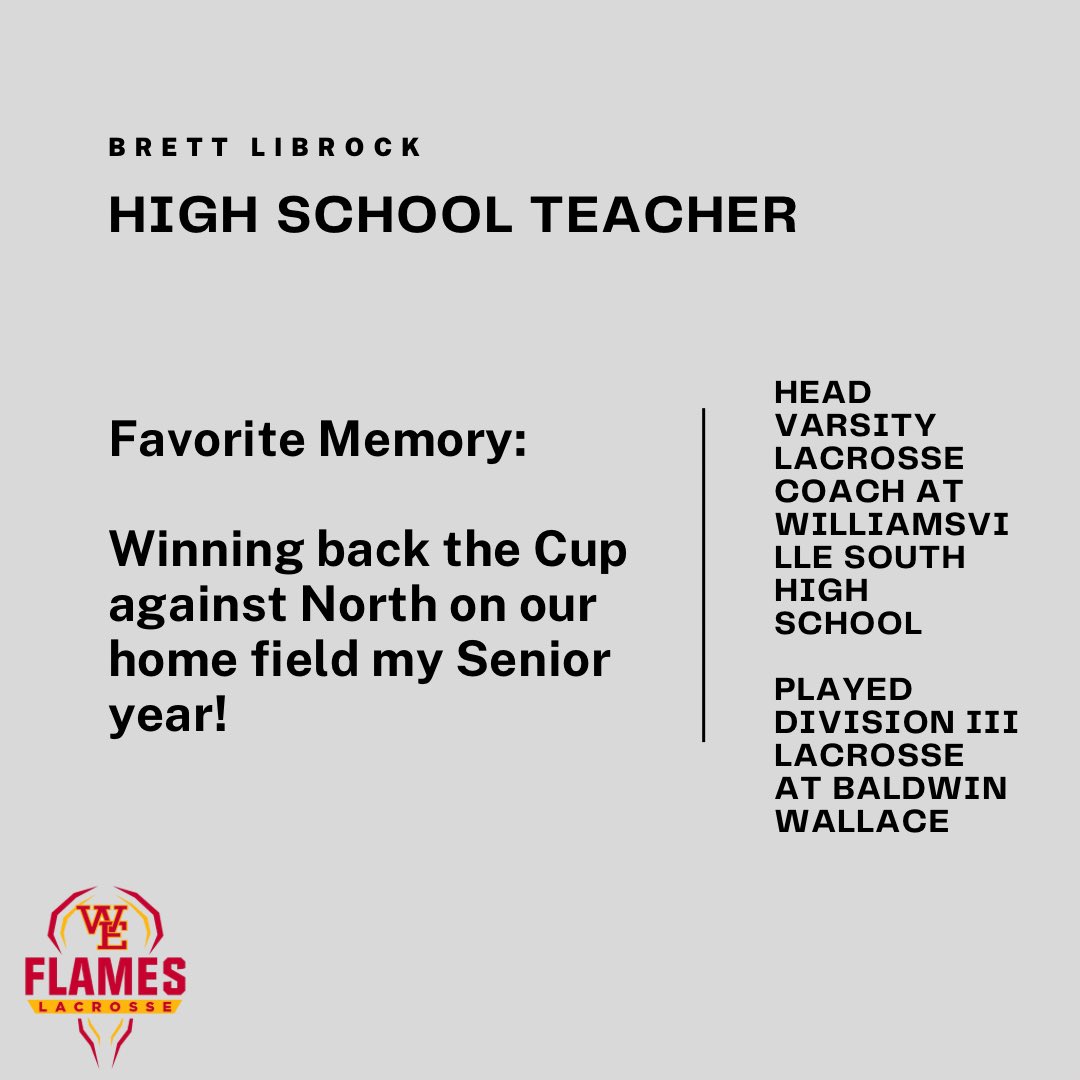 Another week of celebrating 30 years of Williamsville East Lacrosse.

On this week’s #FeatureFriday we have @Coach_Librock 

It was only fitting to highlight Brett today as we take on Williamsville South in the first leg of the Williamsville Cup! 🏆

📍Williamsville East 
⌚️7 PM