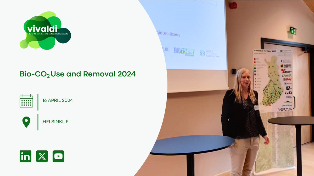 Vivaldi_project's tweet photo. This week Bio-CO2 Use & Removal 2024 took place in Helsinki, where experts met to explore the future of biogenic #CO2utilisation and its opportunities in 🇫🇮 & 🇪🇺. @mirasulonen was there to present the VIVALDI project, a great example of #CCU application in the bio-based industry! https://t.co/M2fdTQKbO7