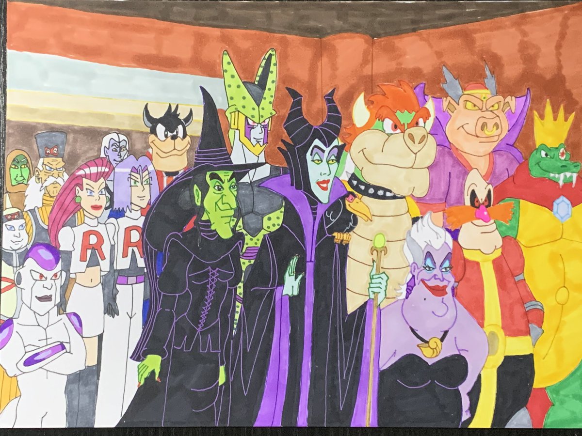 The main Villains with new member Pete at Rita and Zedd’s Palace. #illustration #maleficent #ursula #thewickedwitchofthewest #drrobotnik #bowser #wizpig #kingkrool #teamrocket #perfectcell #frieza #princelotor #witchhaggar #disneypete #drgero #android19 #crossover @LindaYoungVA