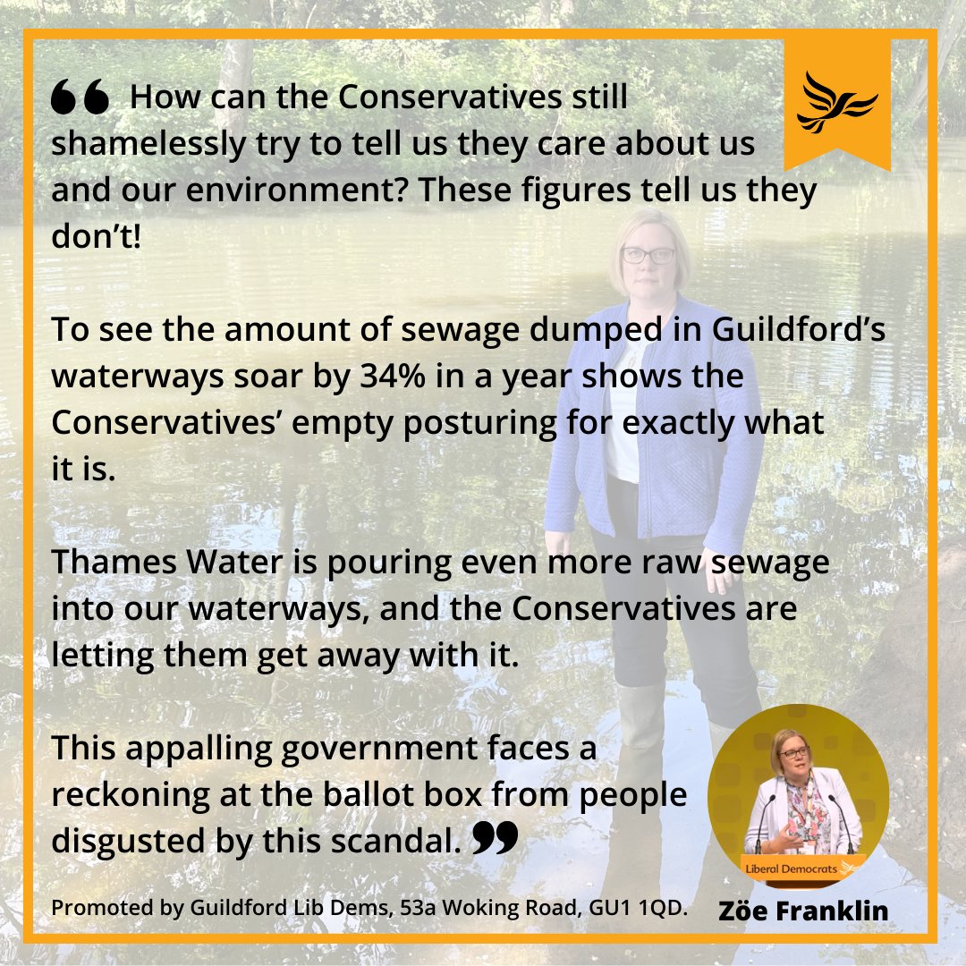 Lib Dem Parliamentary Candidate Zöe Franklin's 'fury” at latest Environment Agency figures. Find the full article on our website here: guildfordlibdems.org.uk/news/article/c…