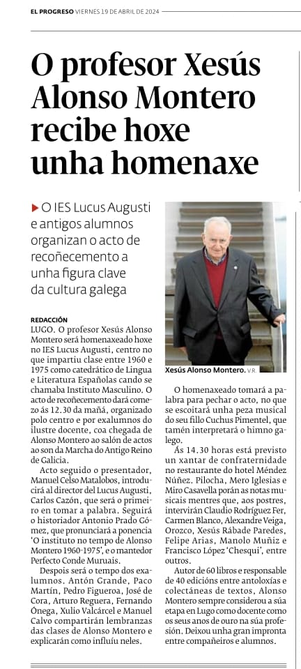 O profesor Xesús Alonso Montero recibe hoxe unha homenaxe @elprogreso_Lugo