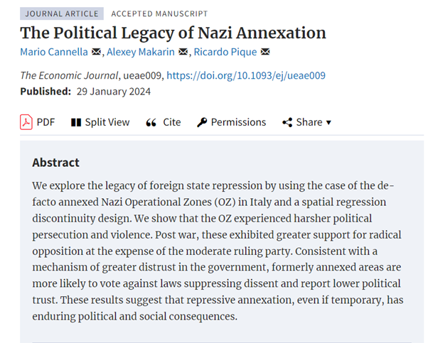 Forthcoming in EJ: ‘The Political Legacy of Nazi Annexation’ by Mario Cannella, Alexey Makarin, Ricardo Pique doi.org/10.1093/ej/uea… @alexeymakarin @cannella_mario @RoyalEconSoc @OUPEconomics #EconTwitter