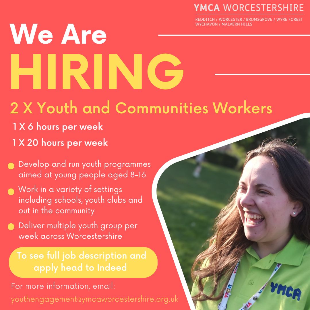 YMCA Worcestershire are hiring two Youth and Communities Workers! 🤩 If you are passionate about supporting young people to reach their full potential, check out the full job description and apply via indeed ➡️ buff.ly/3w17lbO #worcestershirehour