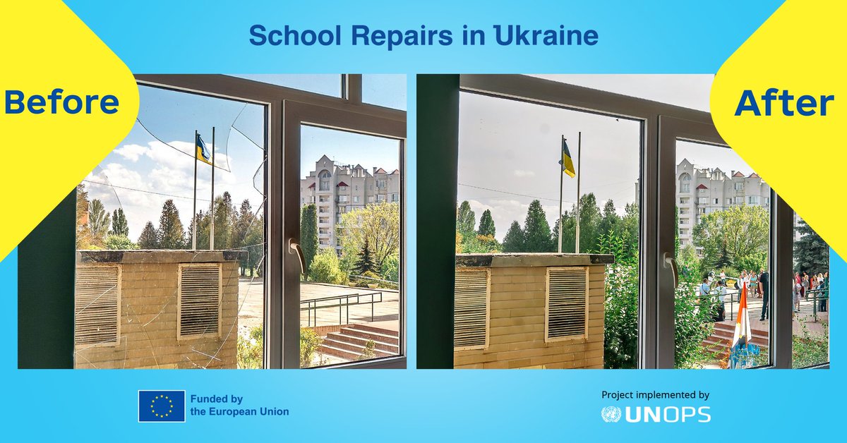 💡Spotlight: work under the #SchoolRepairs in Ukraine project funded by the EU's @eu_echo and implemented by @UNOPS. Students at this school have already returned to their refurbished classrooms.