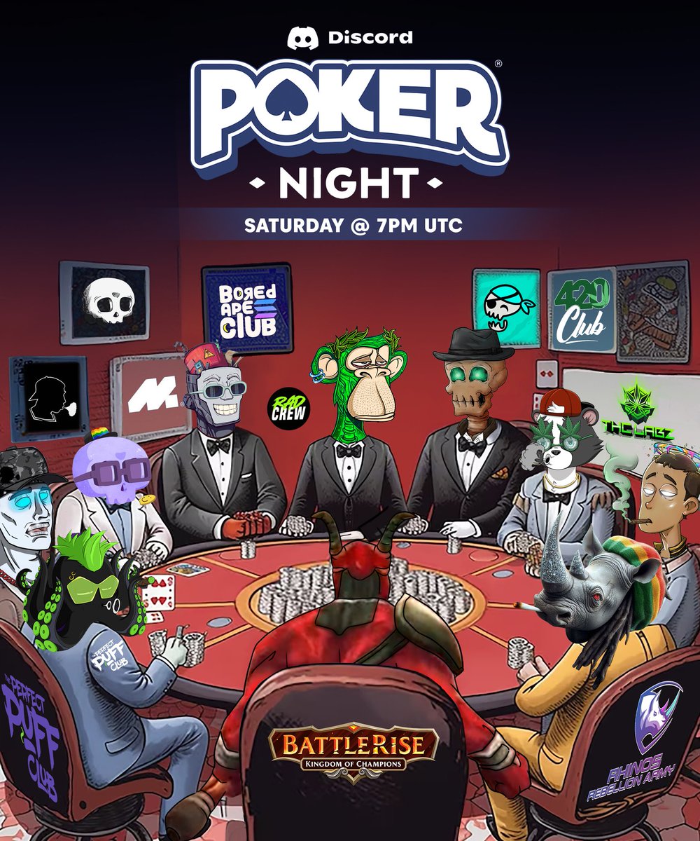 ♥️♠️Mega Poker Night!♦️♣️

Saturday 4/20 @ 7PM UTC!

@RadCrewDAO
@mobstudios_
@BoniesRip
@puffsterznfts
@RhinoRebellion
@PerfectPuffClub
@BattleRiseGame
@420ClubNFT
@LuckySeaGG
@THC_Labz

Join us to see who will emerge victorious and win some prizes! 🏆 

pokernow.club/mtt/sat-cross-…