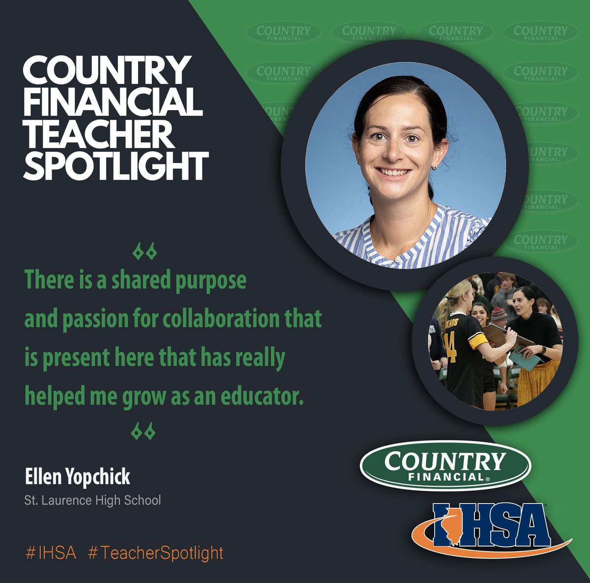 🔦 COUNTRY Financial Teacher Spotlight 💚 👩‍🏫 Ellen Yopchick ⚫️🟡 St. Laurence High School 📖 English Teacher 🏐 Volleyball Coach 🔗Read Ellen's story ➡ ihsa.org/News-Media/Ann… #IHSA #TeacherSpotlight