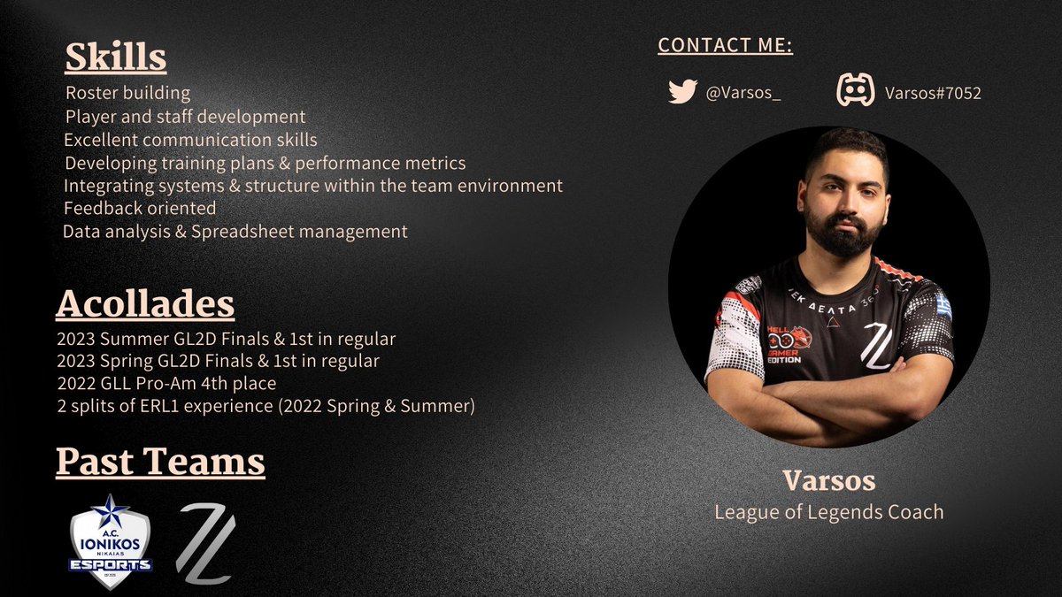 Whilst still in talks about next split, Im exploring opportunities in Minor ERL1/Major ERL2

As its late in the offseason Im primarily looking to join as AC/Strategic, with a focus on Systems &amp; Performance, but would be open to any position

CV &amp; Work samples upon request