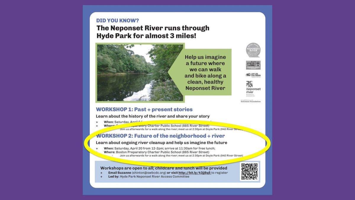 The Hyde Park Neponset River Access Committee is leading a second workshop this month. It will be tomorrow, April 20 from 12PM-2PM at Boston Preparatory School, with a free lunch at 11:30AM. Childcare is provided. You can register at bit.ly/43jj6q5. . #mapoli #bospoli