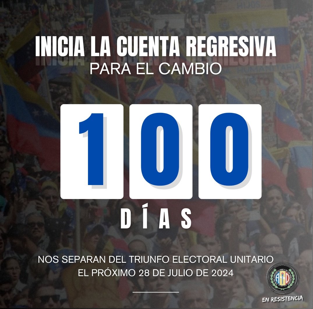 100 días nos separan del triunfo. El próximo 28 de Julio con la ayuda de DIOS, el voto y la unidad de los venezolanos, lograremos el cambio que marcará el nuevo rumbo de libertad y progreso que se avecina para Venezuela.