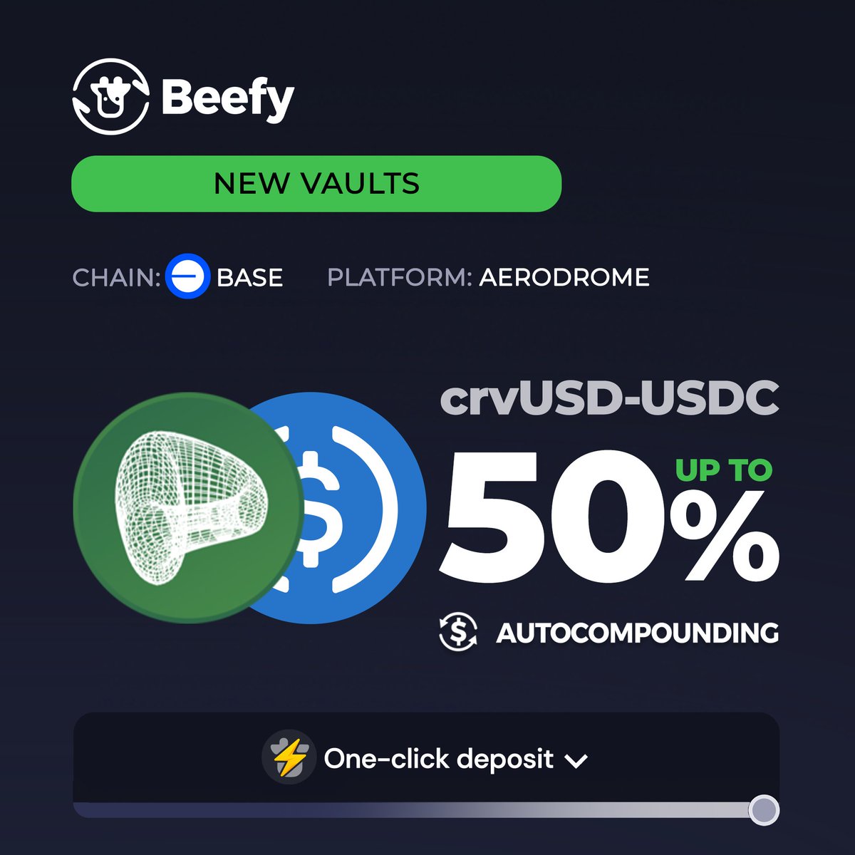 Every night I go to bed I pray to the devs to release more vaults on @Base, and every morning... H 🆕 $crvUSD - $USDC: 50% APY 👉 app.beefy.com/vault/aerodrom… @aerodromefi @CurveFinance