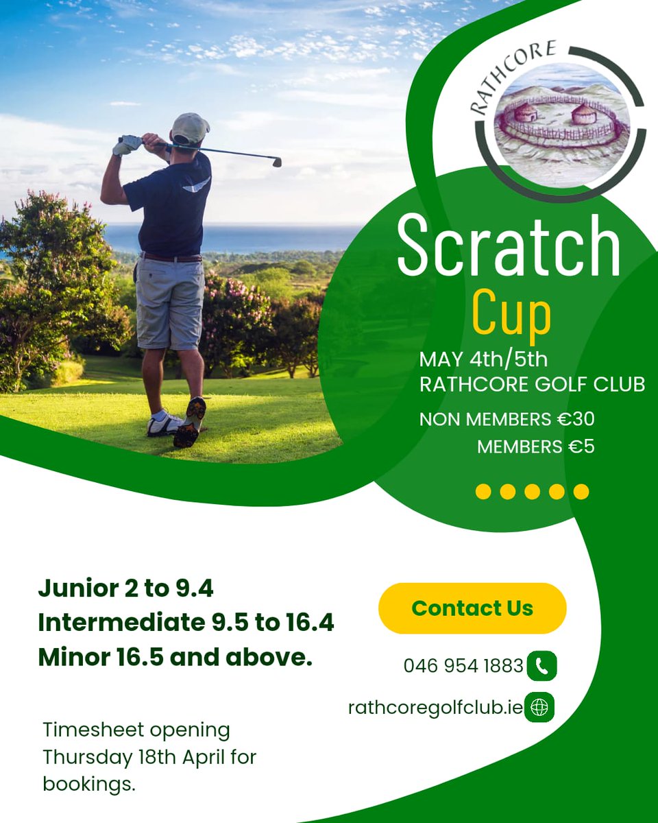 Sat 4th - Sun 5th May Rathcore Golf Club Junior (2.0 - 9.5), Intermediate (9.5 - 16.4) & Minor (16.5 +) Scratch Cups €30 - Timesheet Now Open visitors.brsgolf.com/rathcore#/open… #scratchcup #scratchcups #juniorscratchcup #intermediatescratchcup