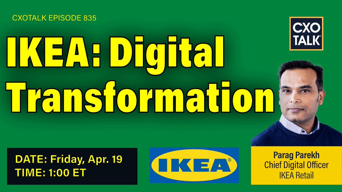 TODAY Fri. 4-19-2024, Live, 1 pm ET/10 am PT/ 7 pm CEST #DigitalTransformation at #IKEA Join #CXOTalk guest Parag Parekh, #CDO @IKEA Retail (Ingka Group) cxotalk.com/episode/design… What happens when #ResponsibleAI policy conflicts w biz directives? #CIO #CDAO #LifeAtHome #Retail