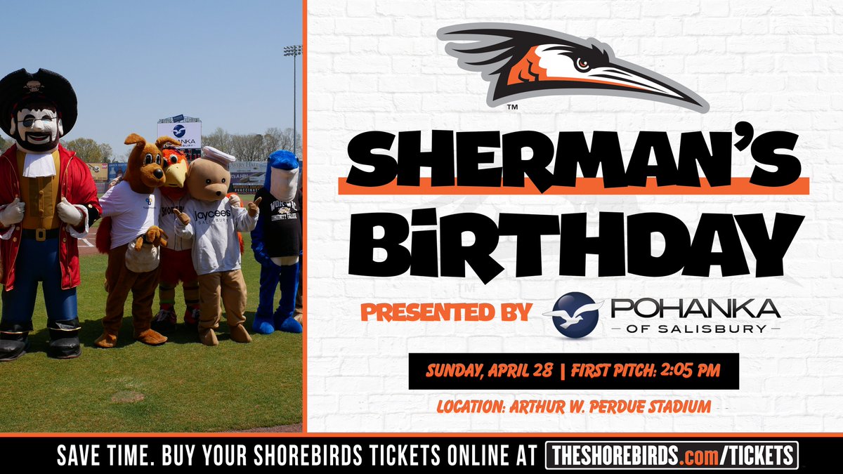 Sunday, April 28, join us as we celebrate Sherman's Birthday with other local area mascots presented by @pohanka! Save time, buy YOUR tickets online 👇 Buy Tickets 👉 bit.ly/3HXnktz #FlyTogether | #Birdland