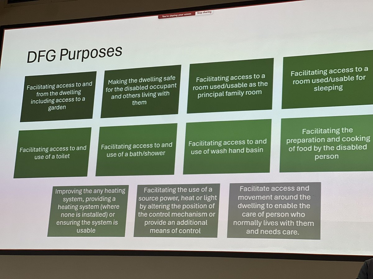 sarahHarris60's tweet photo. 12 purposes of the DFG @RCOT_Housing #rcotsshousingconference2024 https://t.co/MQByK8HdVU