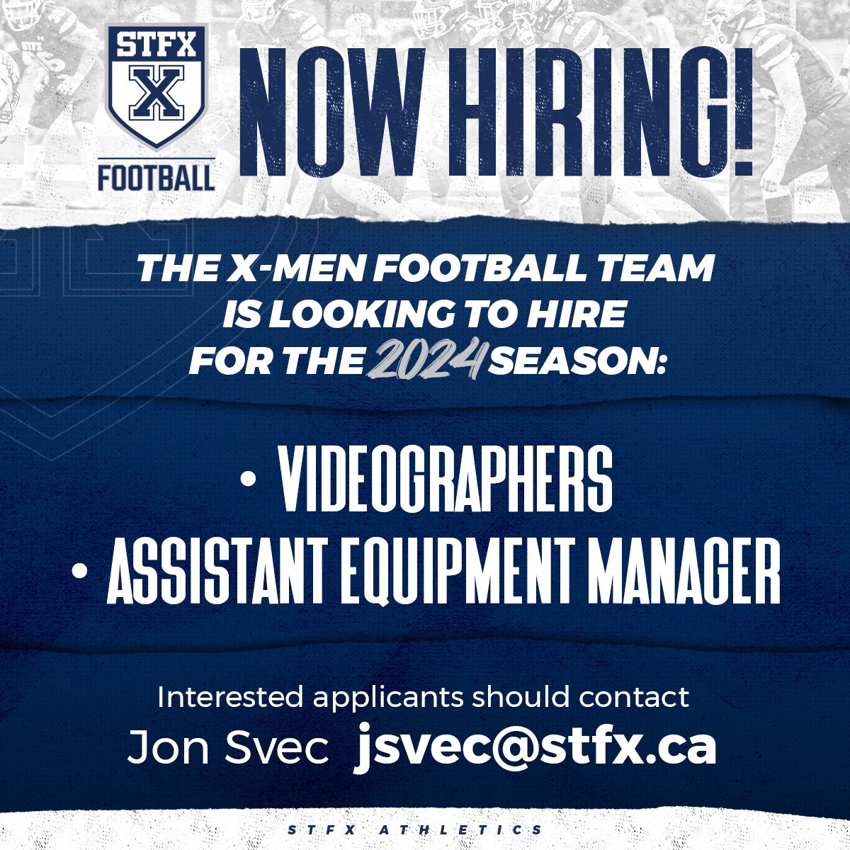 Interested in working with the X-Men Football team for the 2024 season? We are looking to hire Videographers and an Assistant Equipment Manager. For details email jsvec@stfx.ca