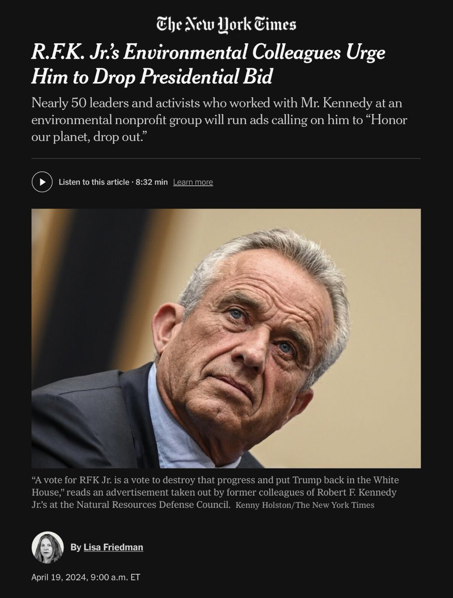 WHOA! Dozens of RFK Jr’s former colleagues at the Natural Resources Defense Council are calling on him to dropout of the presidential race. That’s in addition to a dozen other national environmental organizations that issued an open letter calling @RobertKennedyJr a “dangerous…