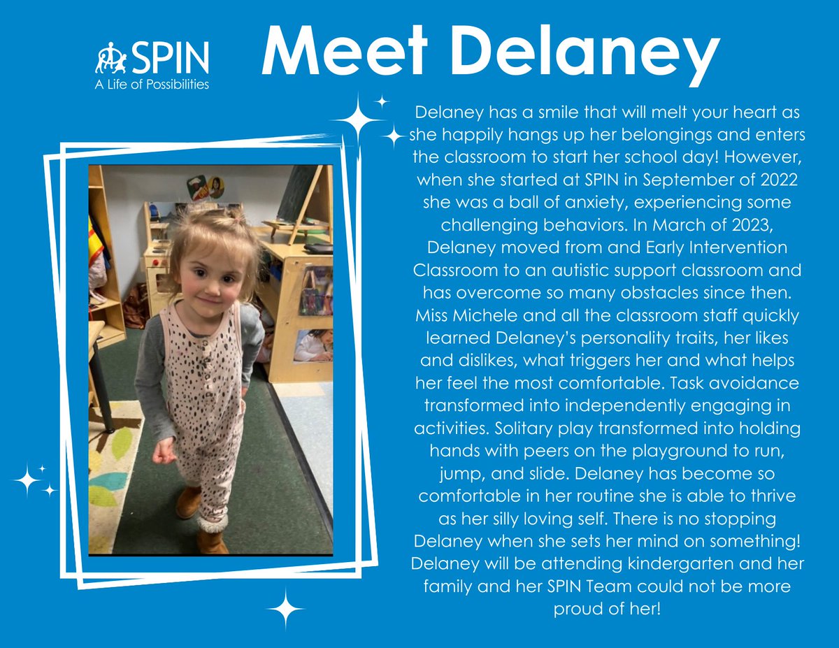 Meet Delaney! Be sure to follow us this April as we share stories about the the children and families SPIN Supports. #AutismAcceptance #Autism #SPIN #April #EarlyIntervention