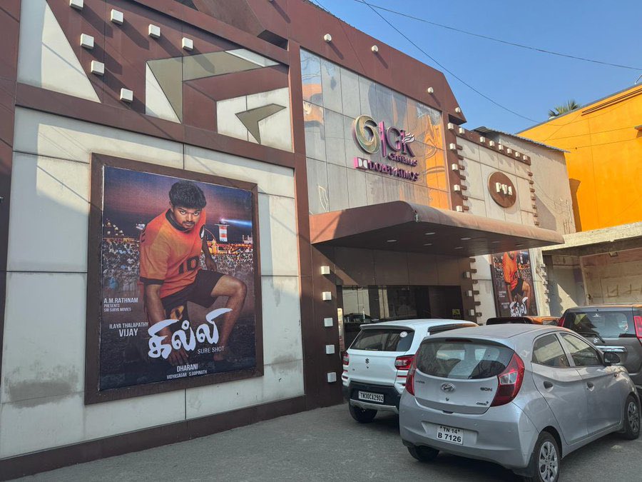 Thalapathy VIJAY's #Ghilli banners erected at Kamala Cinemas, Krishnaveni Cinemas and KG Cinemas at Chennai 🔥🔥🔥 #Ghilli4K #TheGreatestOfAllTime @actorvijay