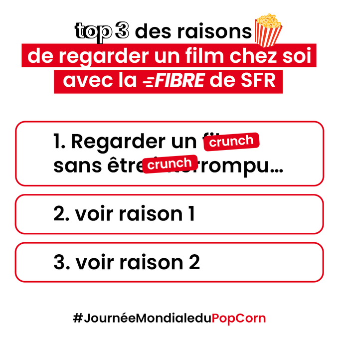 Si vous avez la phobie des bruits de bouche au cinéma, on a la solution pour vous ! 🎬

Profitez des meilleurs films grâce à la Fibre de SFR depuis chez vous. #JournéeMondialeDuPopCorn 📷​ ​ 

*Fibre sous réserve d’éligibilité et de raccordement