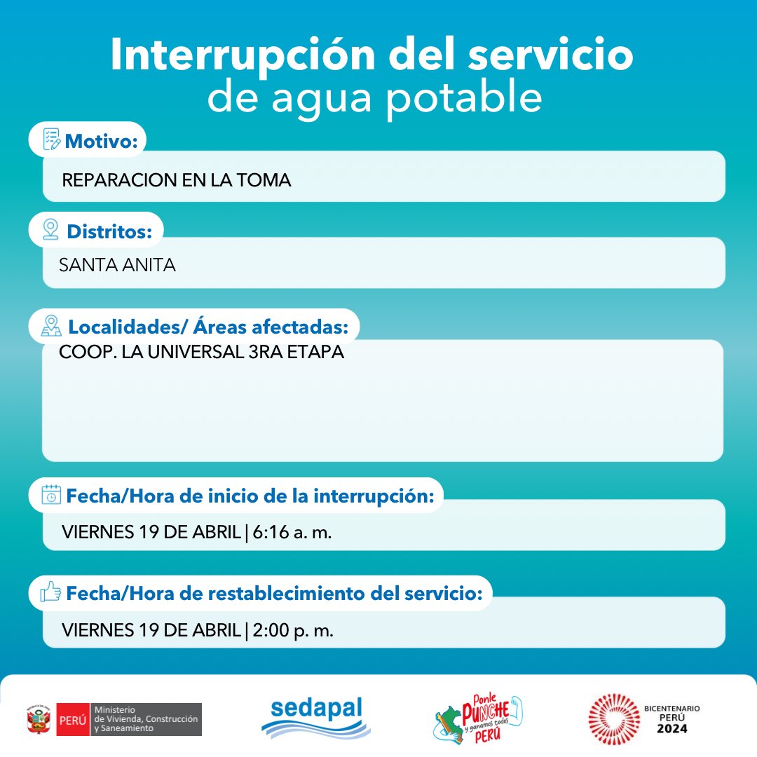 🚨 #LoÚltimo | ¡#SANTAANITA! #Sedapal atiende una emergencia en tu distrito. Trabajamos para mejorar la calidad de vida de los ciudadanos de #Lima y #Callao.  #InterrupciónDelServicio #Ahora #Actualidad