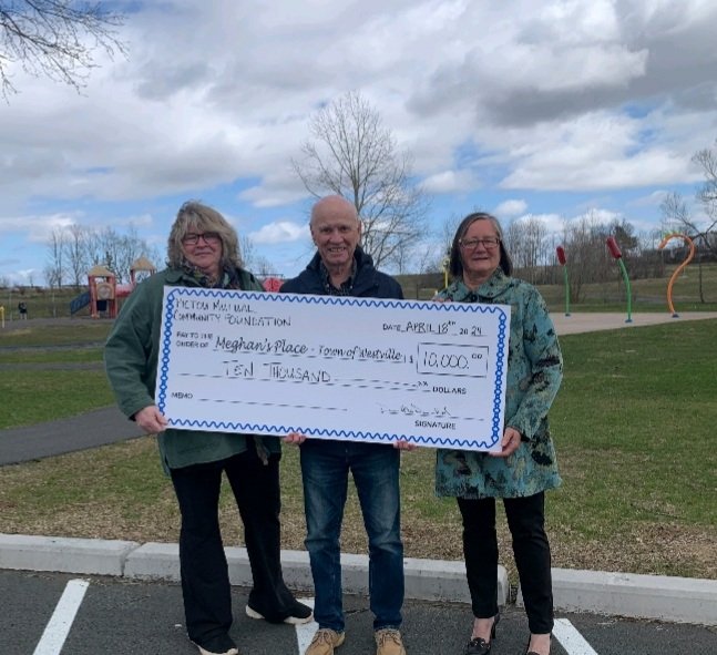 Yesterday we were extremely pleased to receive a $10,000 donation from the Pictou Mutual Community Fund to assist with the creation of Meghan’s Place I am pictured here at the proposed location of the playground with representatives of the Fund, Donna MacDonald and Karen Mackay.