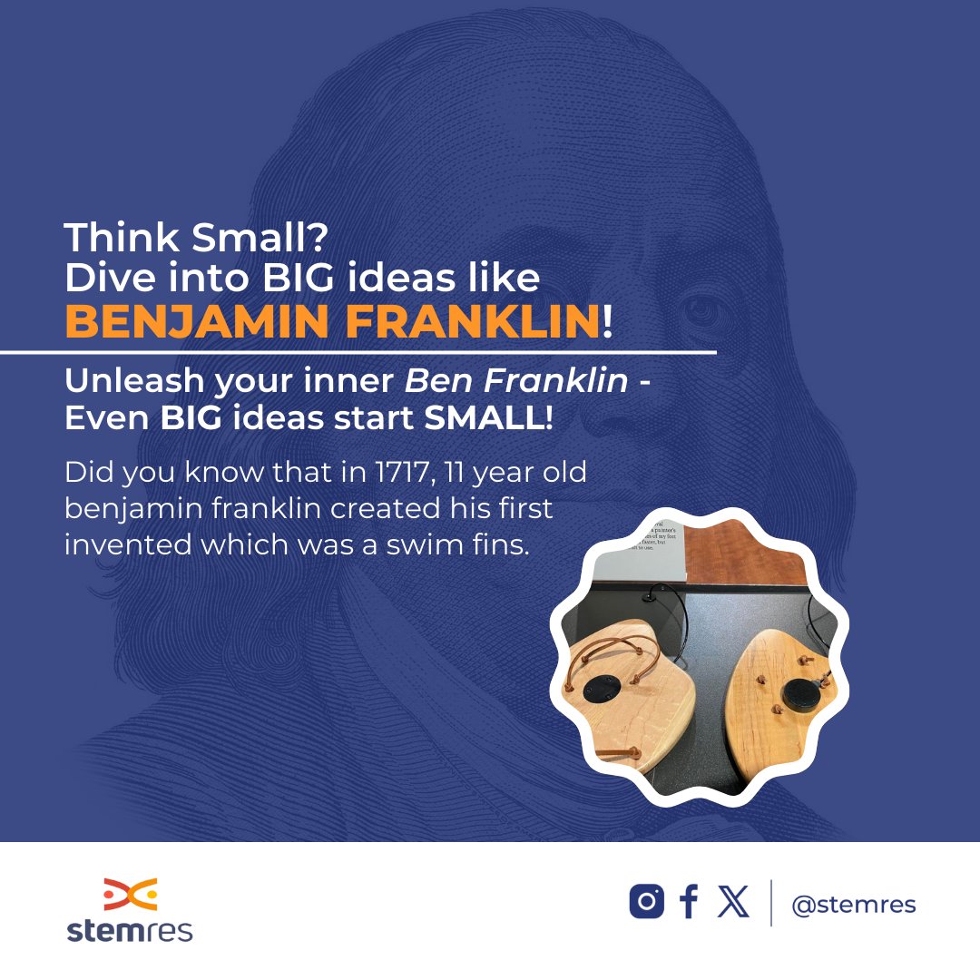 Stemres_'s tweet photo. Age is just a number! 11-year-old Benjamin Franklin invented swim fins!
Every kid has that potential.
This weekend, let's fuel their curiosity & embrace the messy magic of #STEM!
#ScienceFunFact #HistoryofScience https://t.co/OgIbDFxzMc