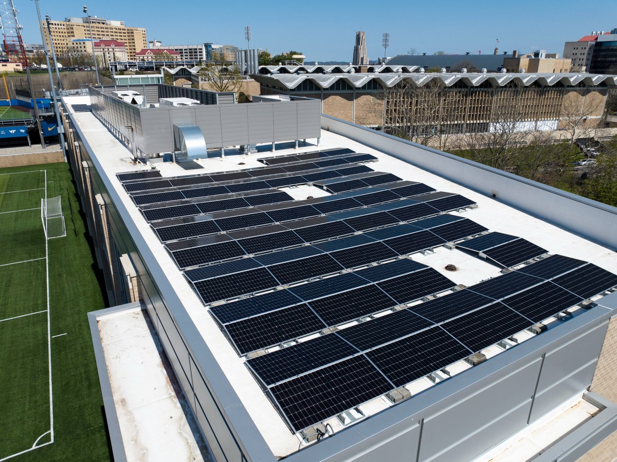 With 1.08 MW of rooftop solar going up across <a href="/PittTweet/">University of Pittsburgh</a>, the future is bright.  The first of 4 arrays is electric on <a href="/Pitt_ATHLETICS/">Pitt Panthers</a> Petersen Sports Complex, serving <a href="/Pitt_MSOC/">Pitt Men's Soccer</a> <a href="/Pitt_WSOC/">Pitt Women's Soccer</a> <a href="/Pitt_BASE/">Pitt Baseball</a> <a href="/Pitt_SB/">Pitt Softball</a>  pitt.edu/pittwire/featu…