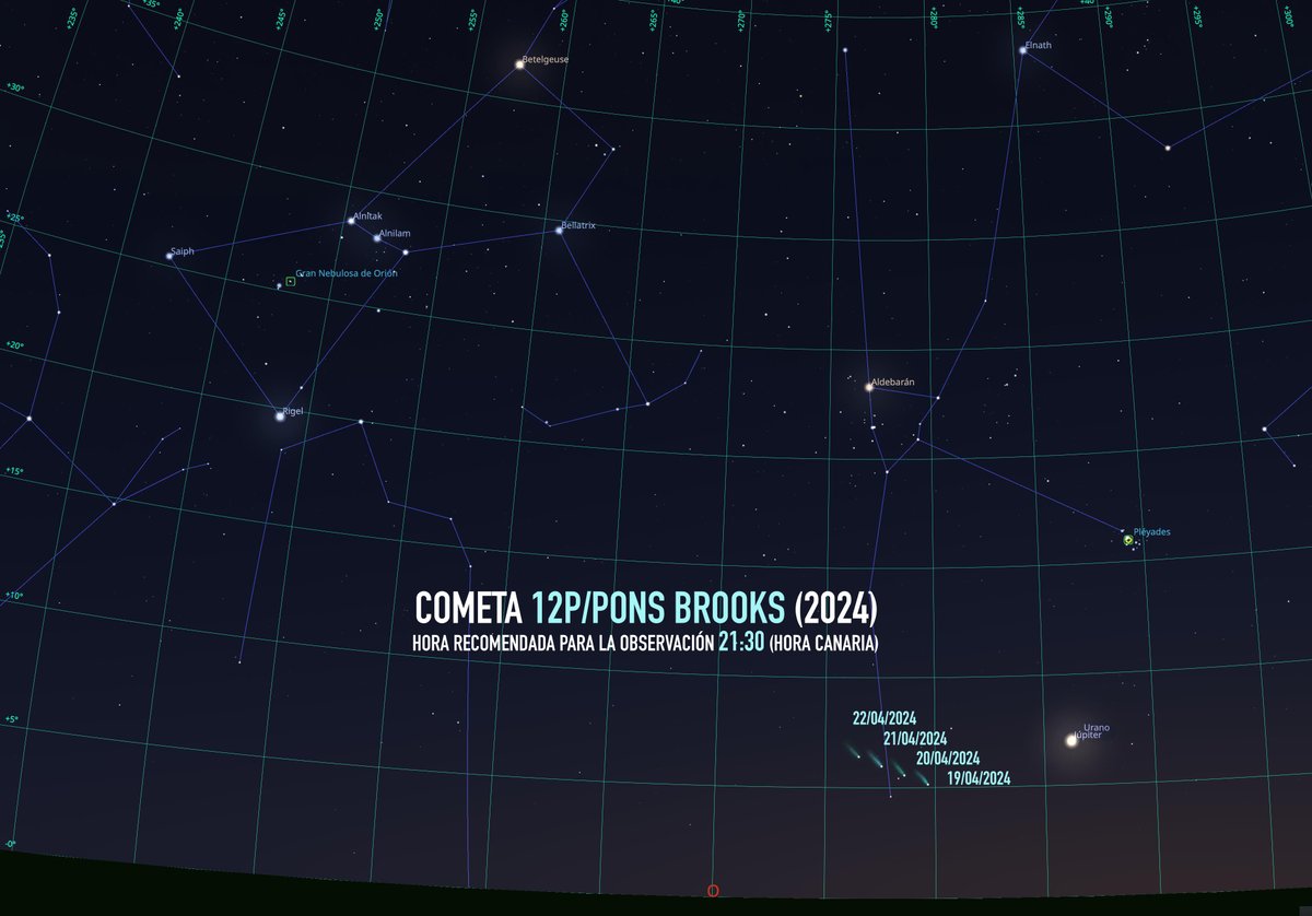 👀¡Anímate a observar el cometa 12P Pons-Brooks! ☄️ 🗺️Aquí tienes el mapa estelar con su localización en el cielo entre hoy viernes y el lunes 22 de abril. 🌌Necesitas un cielo oscuro, un horizonte oeste despejado y mirar durante la hora siguiente a la puesta de Sol. ¡Disfrútalo!