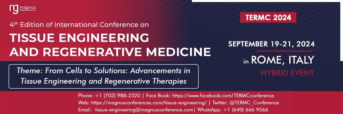 Dive into the forefront of groundbreaking discoveriesat the 4th annual #TERMC 2024! 🌐 Experience hands-on insights and visionary concepts in #TissueEngineering and #RegenerativeMedicine.
📌 Rome, Italy
📆 September 19-21, 2024

For more: magnusconferences.com/tissue-enginee…

#termc2024