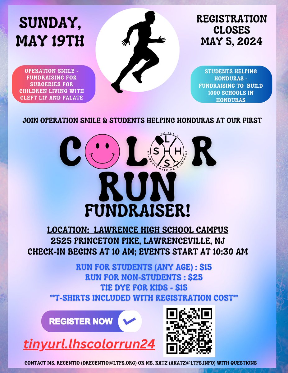 Join the Operation Smile and Students Helping Honduras Clubs at their first joint Color Run Fundraiser on May 19! 🟣🔵🟢🟡🔴 Scan the QR code or click here to register now! tinyurl.com/2j4u7h3s