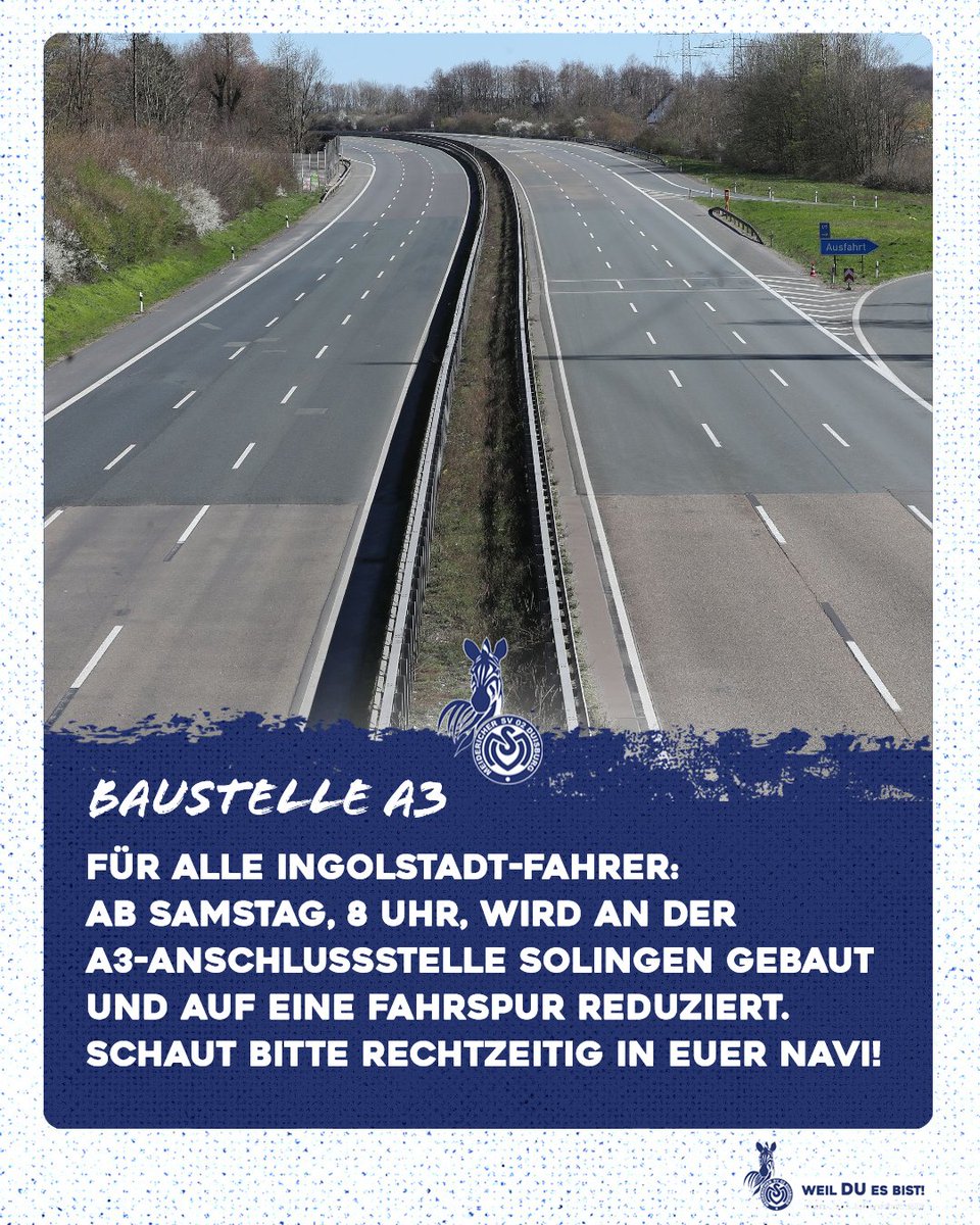 🚧🛣️ Wir haben da noch ´ne aktuelle Autobahn-Info für die A3 in Richtung Süden. Gute Fahrt und vielen Dank für euren Support in Ingolstadt! 🙏 #WeilDUesBist #Duisburg #FCIMSV