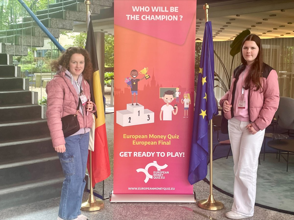 BPFINews's tweet photo. Huge well done to Maria and Lily from @Pres_Carlow who took part in the European finals of the European Money Quiz @EBFeu today and got to ring the bell @euronext. Pictured with their teacher Grainne. Congrats to all the students who took part. #EMQ24 #Financial Literacy https://t.co/Q4WvtNeYSM