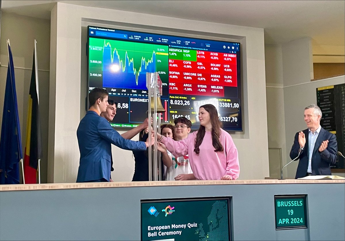 BPFINews's tweet photo. Huge well done to Maria and Lily from @Pres_Carlow who took part in the European finals of the European Money Quiz @EBFeu today and got to ring the bell @euronext. Pictured with their teacher Grainne. Congrats to all the students who took part. #EMQ24 #Financial Literacy https://t.co/Q4WvtNeYSM