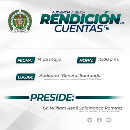 #RendiciónDeCuentas2023 | Conoce los logros y resultados de la Policía Nacional de Colombia, vigencia 2023. 🗓️: 14 de mayo 2024. 🔗: Registro de ciudadanos 👇 policia.gov.co/contenido/regi… o conéctate por nuestras redes sociales.