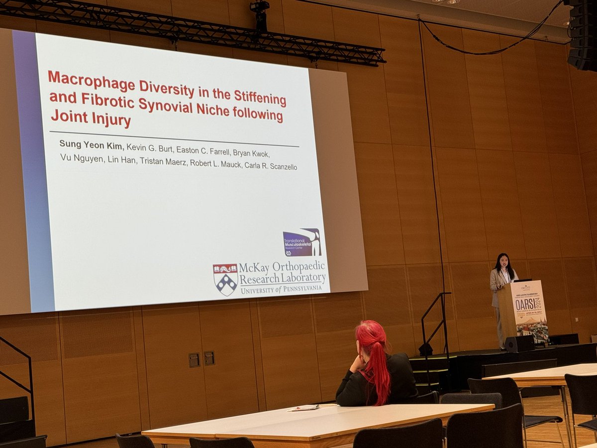 Great talk by @SungYeon___Kim on macrophage diversity in the fibrotic synovium at #OARSI2024!   For more information on these and related studies please visit posters 659, 695 and 755.