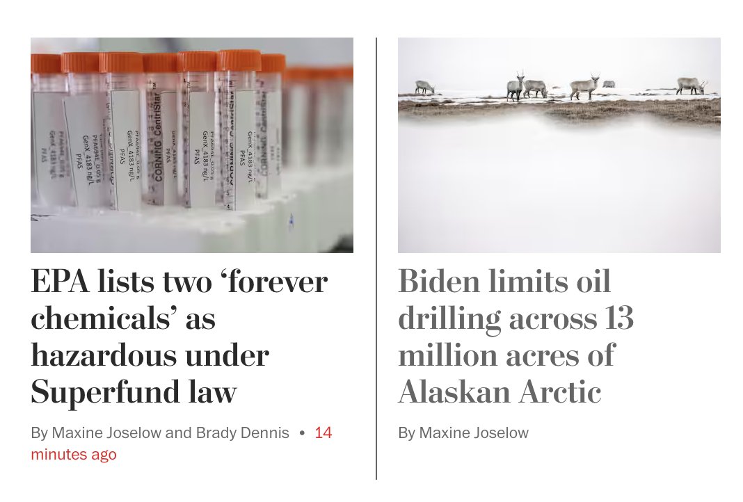 Two huge environmental announcements this morning: @EPA is listing two PFAS as hazardous under the Superfund law @brady_dennis wapo.st/448Od8s @Interior is limiting future oil drilling across 13 million acres of the Alaskan Arctic wapo.st/3W11MVi