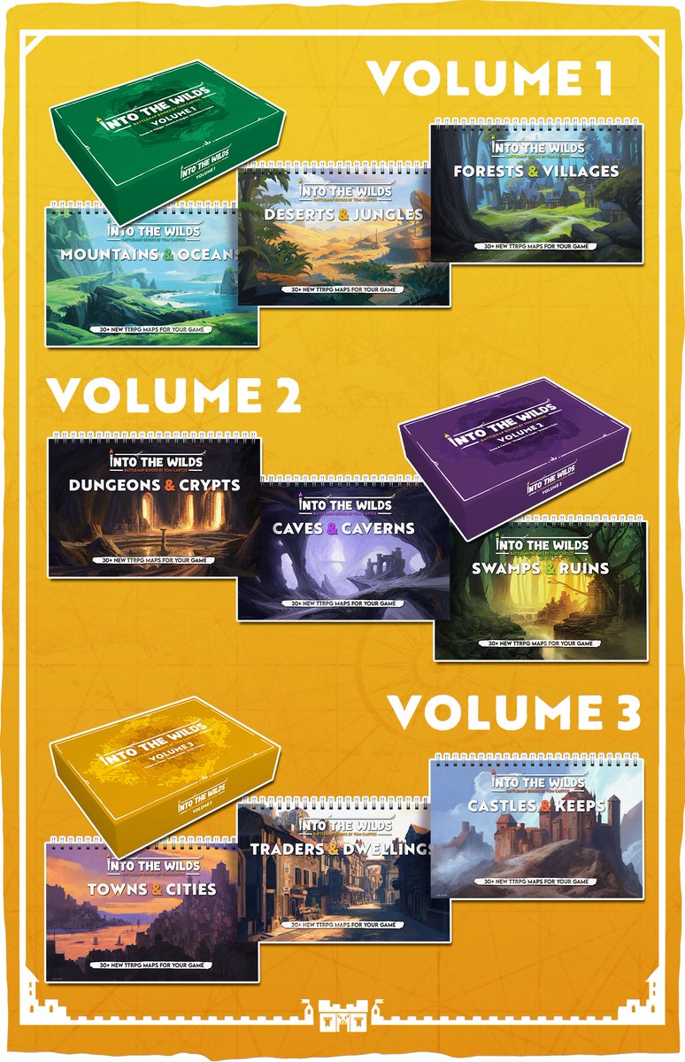 Into the Wilds is a collection of 9 biome &amp; region themed battlemap books for your favourite TTRPG!

More than 300 battlemaps! 

Which Volume would work best for your game?