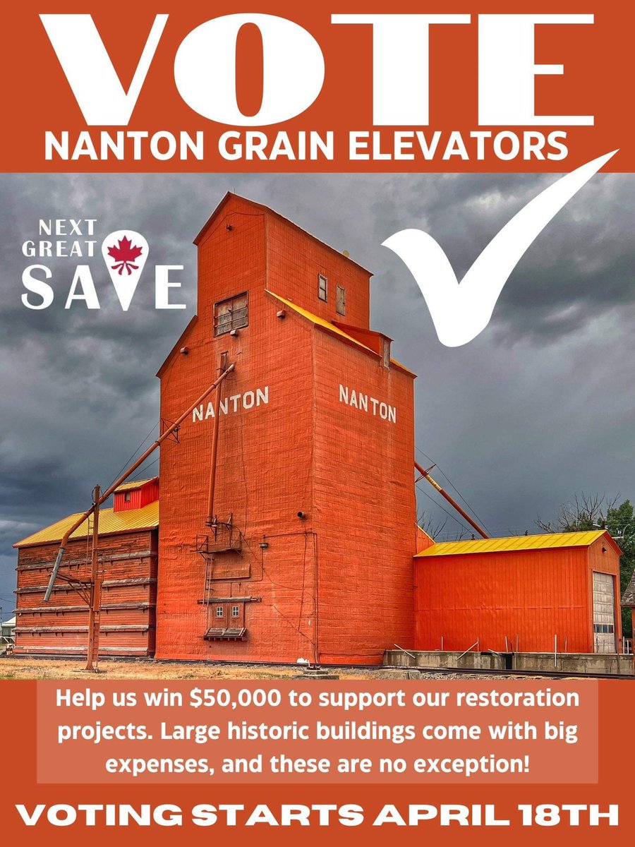 GrainNanton's tweet photo. We are a finalist in The Next Great Save!! If you have a few minutes we’d sure appreciate your vote, another big step in our efforts to save these beautiful prairie giants.

https://t.co/9ZssHz2lcf

#Nanton #Alberta #Canada #NextGreatSave #NationalTrustCanada #prairie #smalltown https://t.co/VnHaSrRG7h